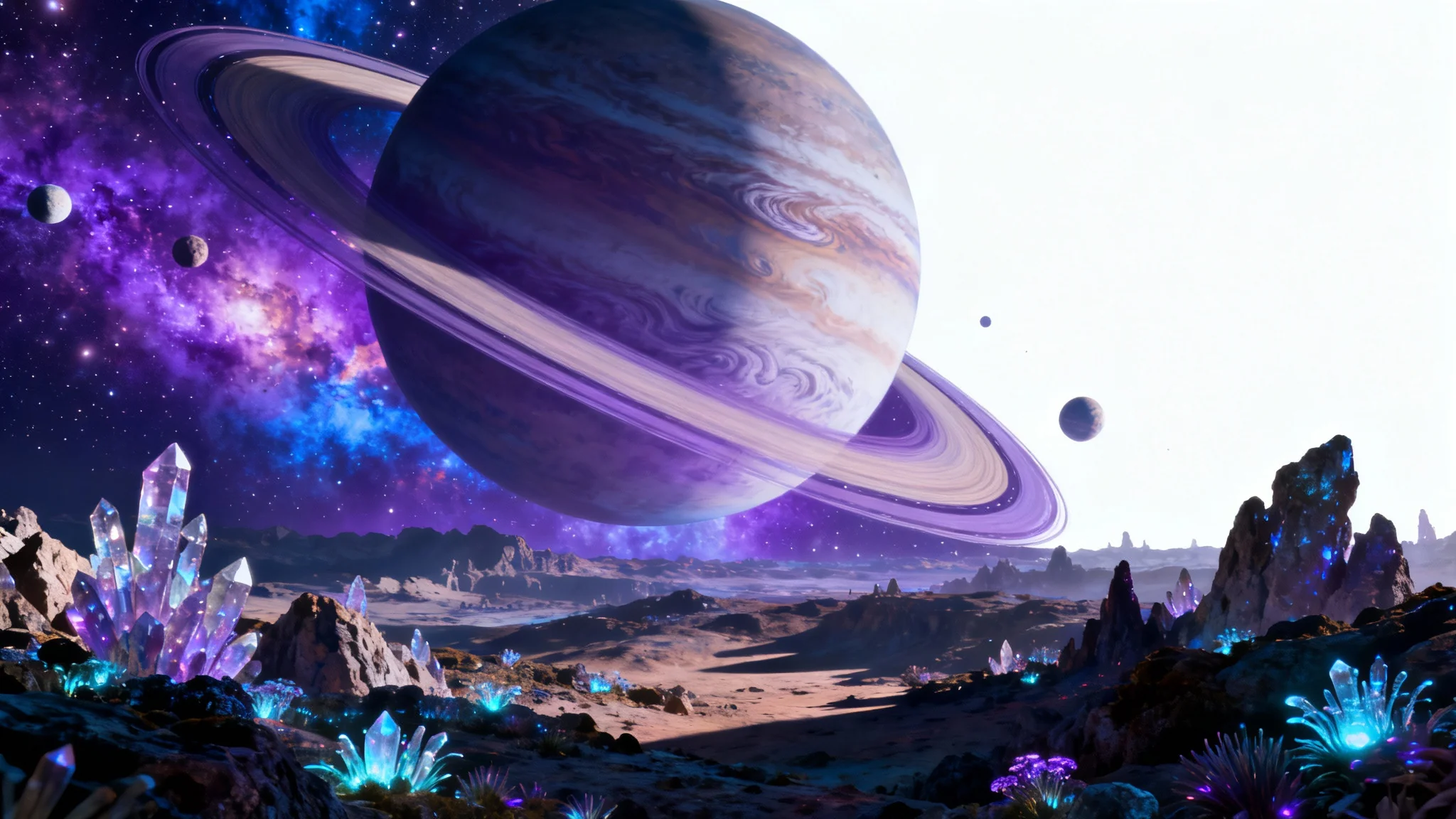 An awe-inspiring view of an alien world, showcasing a massive ringed planet in a purple sky above a landscape with glowing plants, representing a 'space world'.