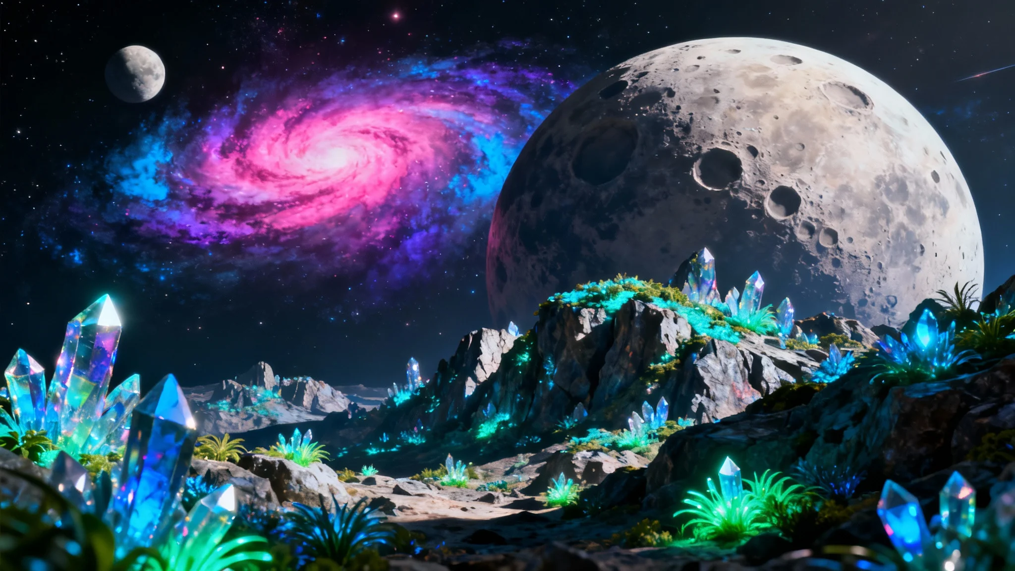 A vibrant, photorealistic rendering of an alien planet's surface, featuring glowing plants and a dramatic sky filled with a colorful nebula and two moons.