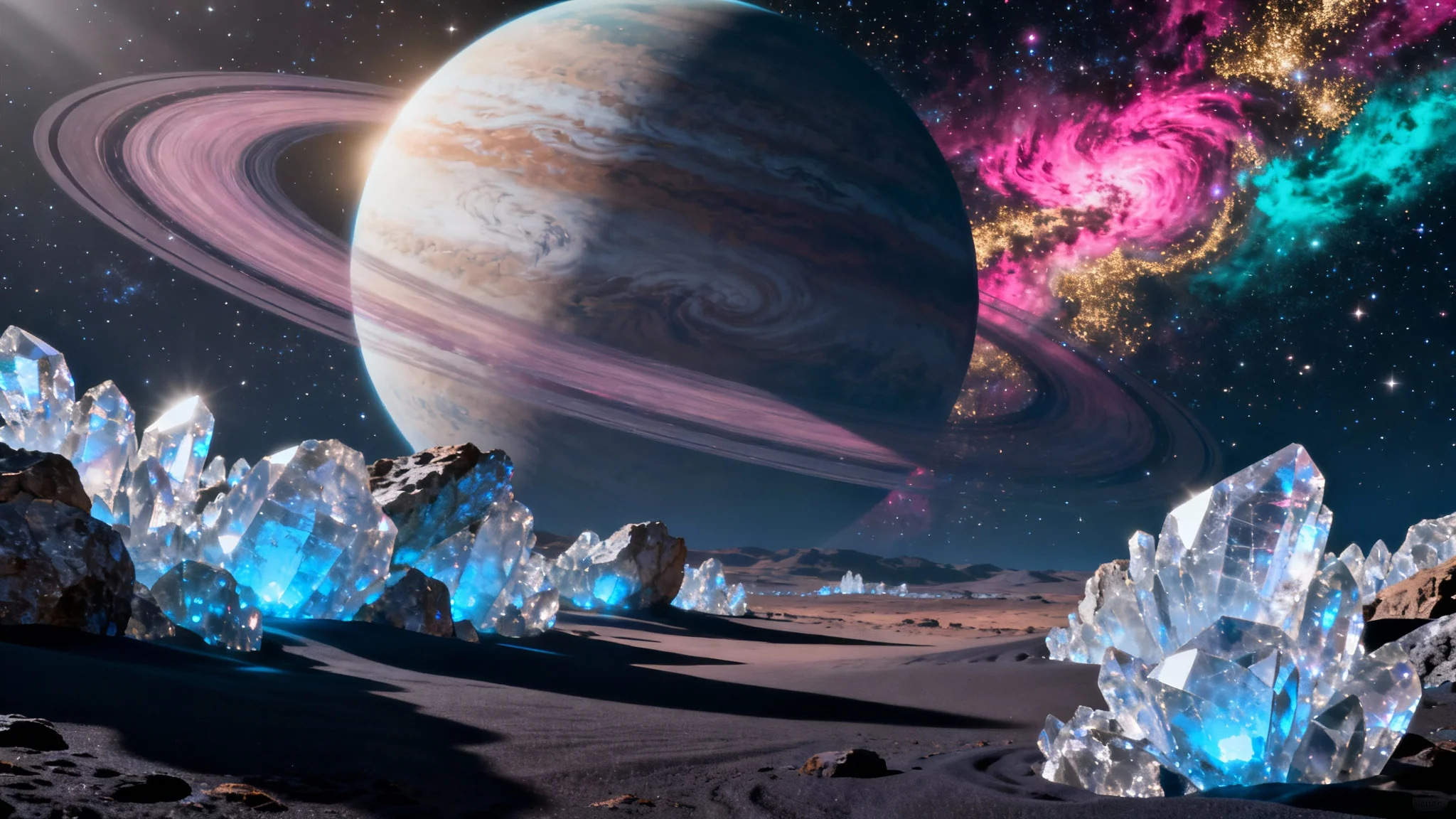 A breathtaking cinematic view of an alien planet's surface, featuring glowing blue crystalline rocks and a sky dominated by a giant ringed planet and a colorful nebula.