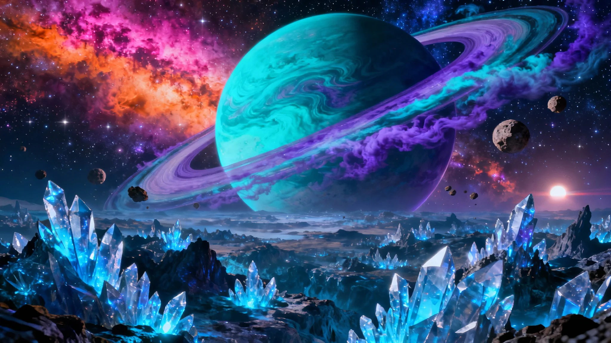 A stunning digital painting of a 'space world', featuring a massive ringed planet above a glowing crystalline landscape, with a colorful nebula in the background.