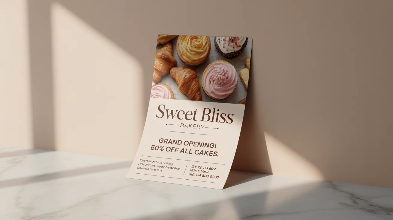 A professionally designed bakery flyer for 'Sweet Bliss Bakery' laid flat on a marble surface. The flyer advertises a grand opening sale and features a large, appetizing photo of pastries.
