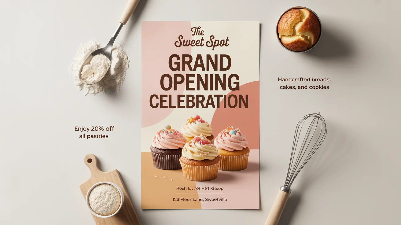 A professionally designed flyer for a bakery called 'The Sweet Spot', showcasing delicious cupcakes and announcing a grand opening celebration.