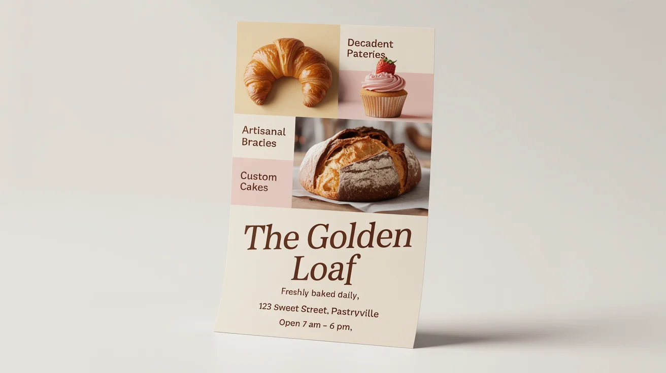A mockup of a charming bakery flyer for 'The Golden Loaf' featuring delicious images of bread and pastries, set against a clean white background.