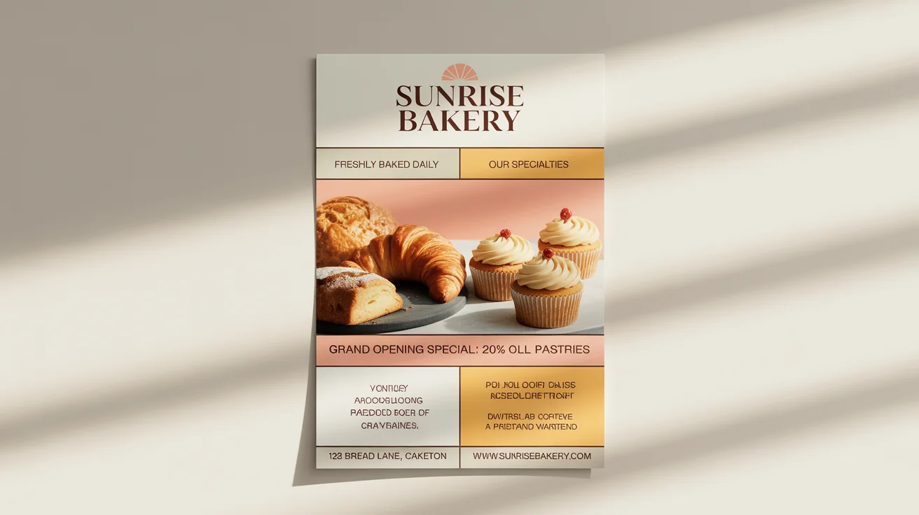 A mockup of a bakery flyer for 'Sunrise Bakery' laid on a white background, featuring photos of croissants and cupcakes and advertising a grand opening special.