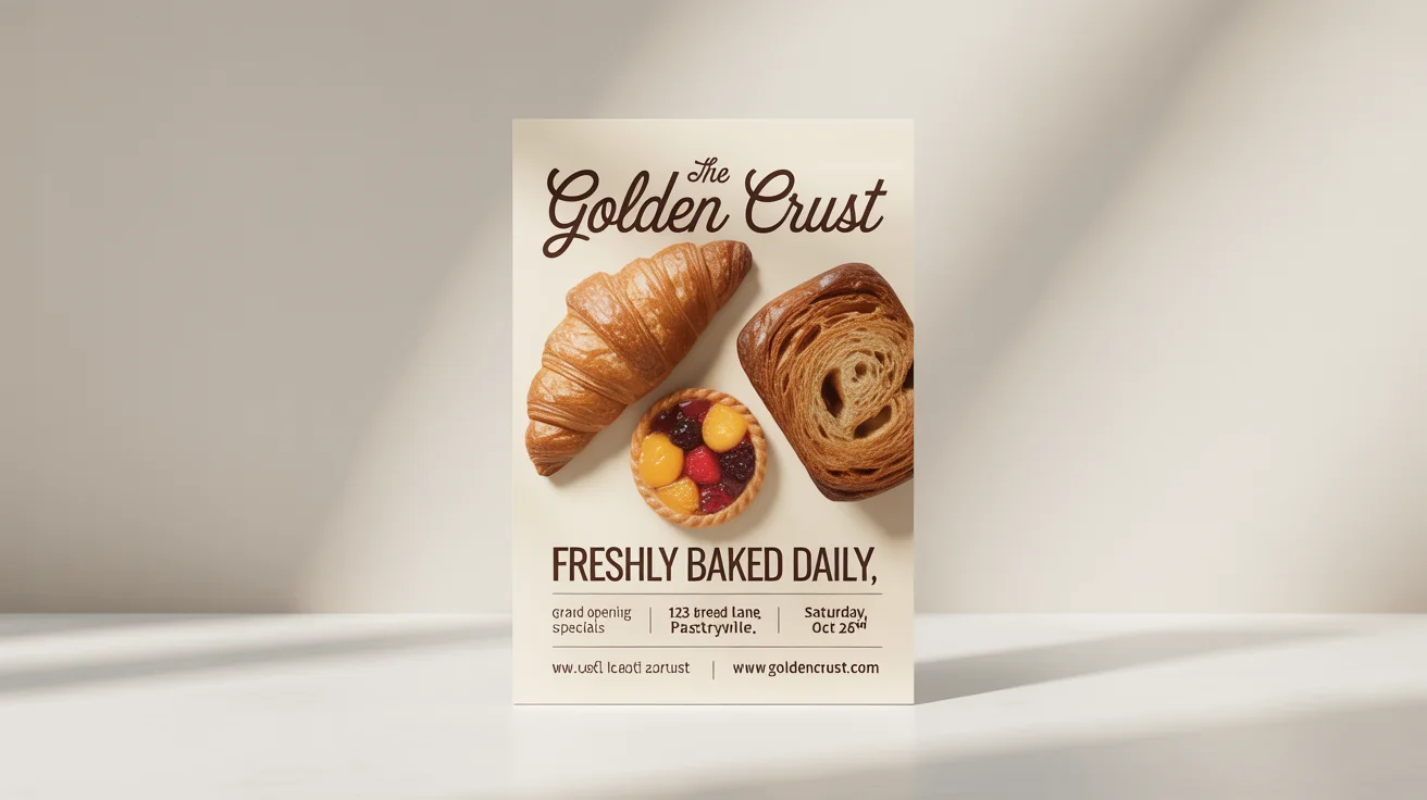 A professionally designed mockup of a bakery flyer for 'The Golden Crust', showcasing fresh baked goods and grand opening details on a clean white background.