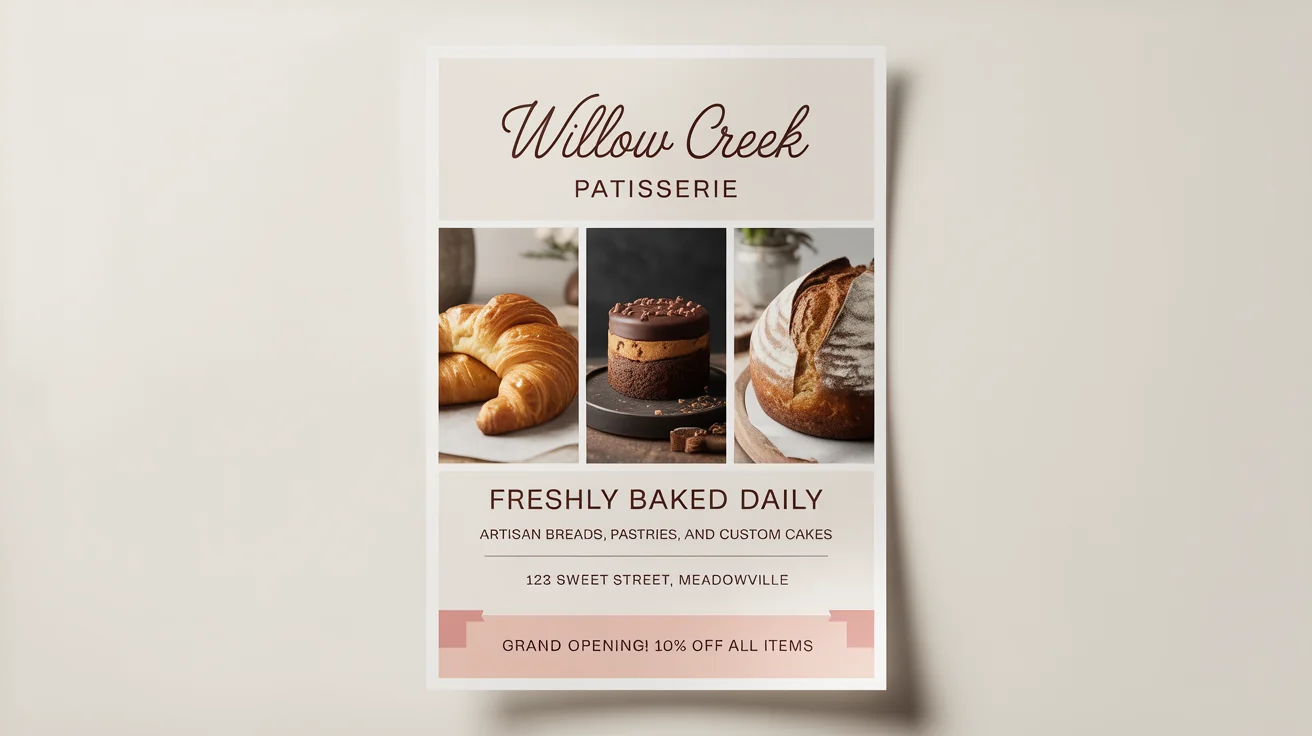 A professional mockup of a bakery flyer for 'Willow Creek Patisserie', featuring images of a croissant, chocolate cake, and artisan bread, set against a plain white background.