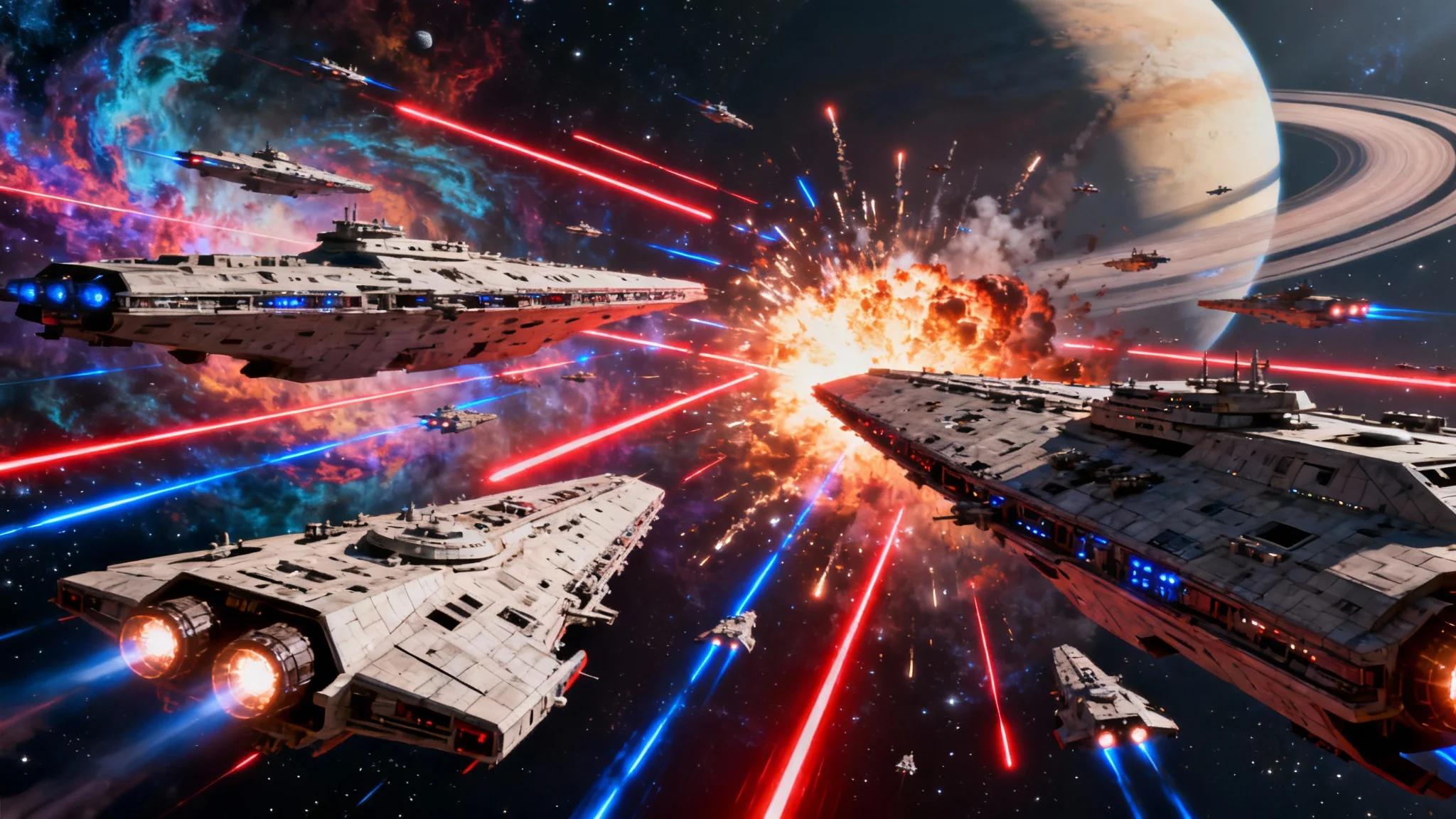 A spectacular cinematic view of an epic intergalactic battle in deep space, with fleets of futuristic warships firing colorful lasers at each other amidst fiery explosions, set against the backdrop of a vibrant nebula.