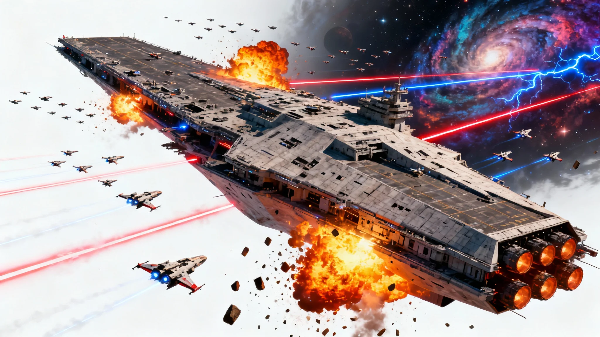 An epic space battle between two fleets of futuristic warships, with lasers and explosions illuminating a nebula in the background.