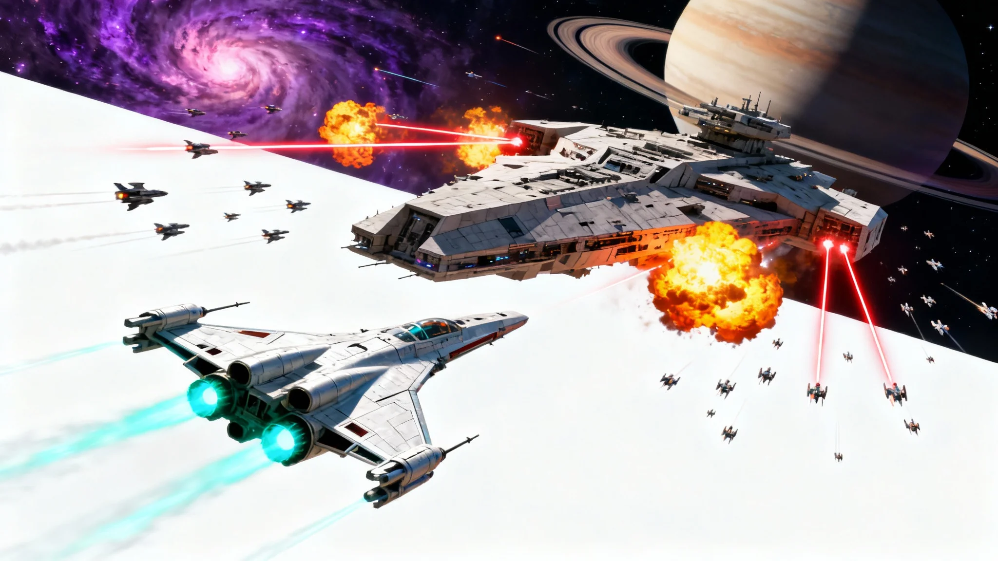 An epic cinematic depiction of a massive space battle, with a sleek starfighter dodging laser fire from a fleet of huge enemy capital ships amidst a colorful nebula.