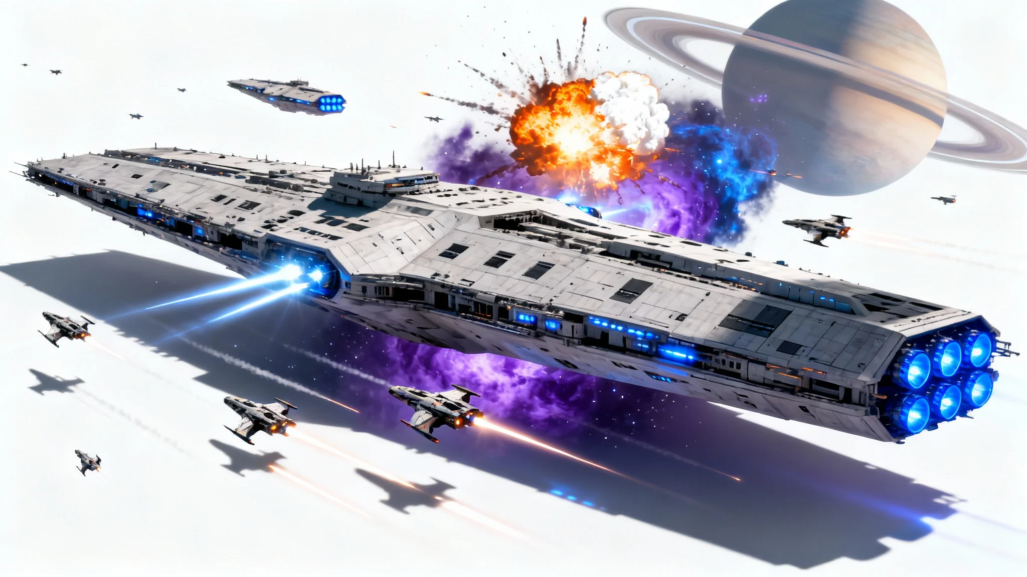 A dramatic intergalactic battle scene featuring large and small spaceships firing lasers and causing explosions, set against a colorful nebula and a distant planet, presented as a mockup on a white background.