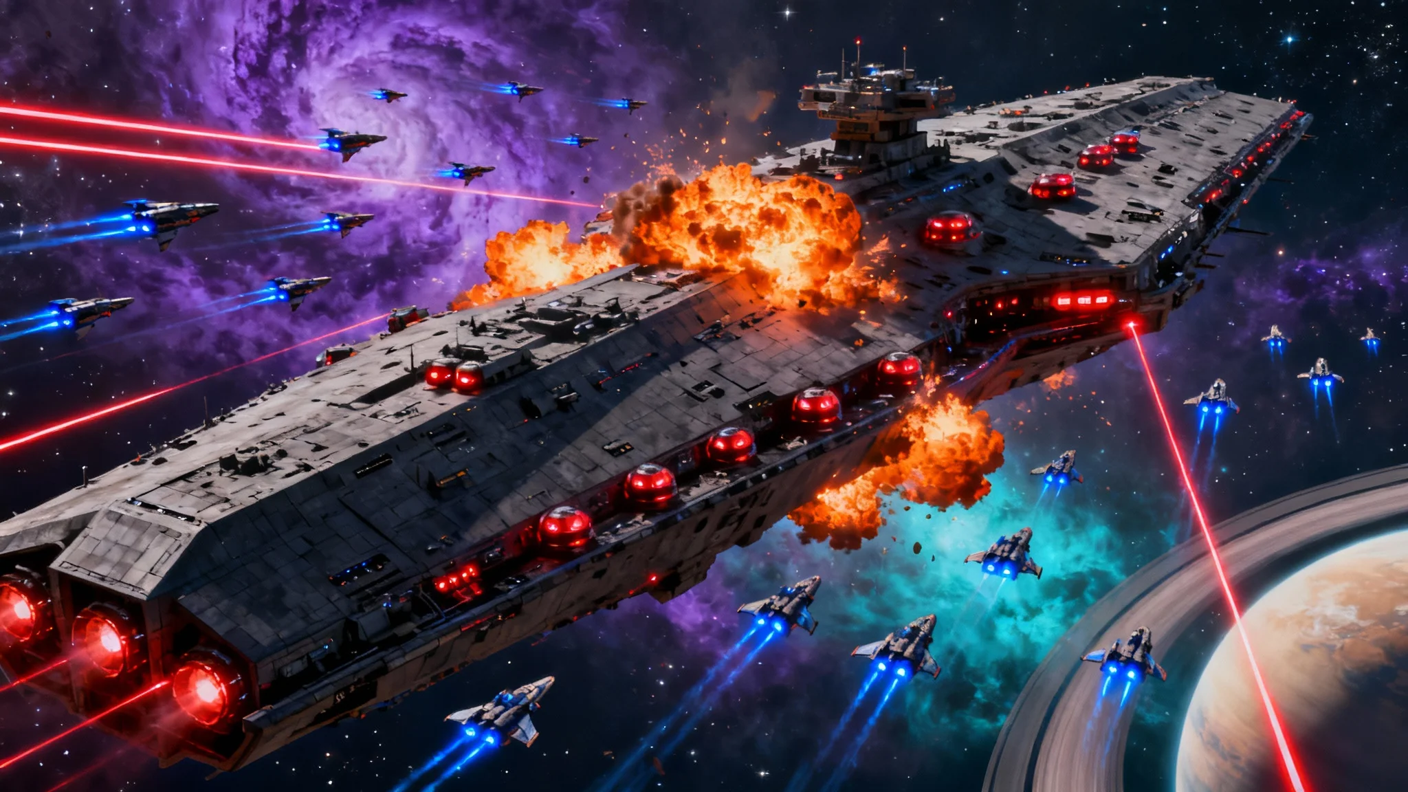 A massive, dark capital spaceship is engaged in a fierce battle with a swarm of smaller fighter jets in the vastness of space, with colorful nebulae and a planet in the background.