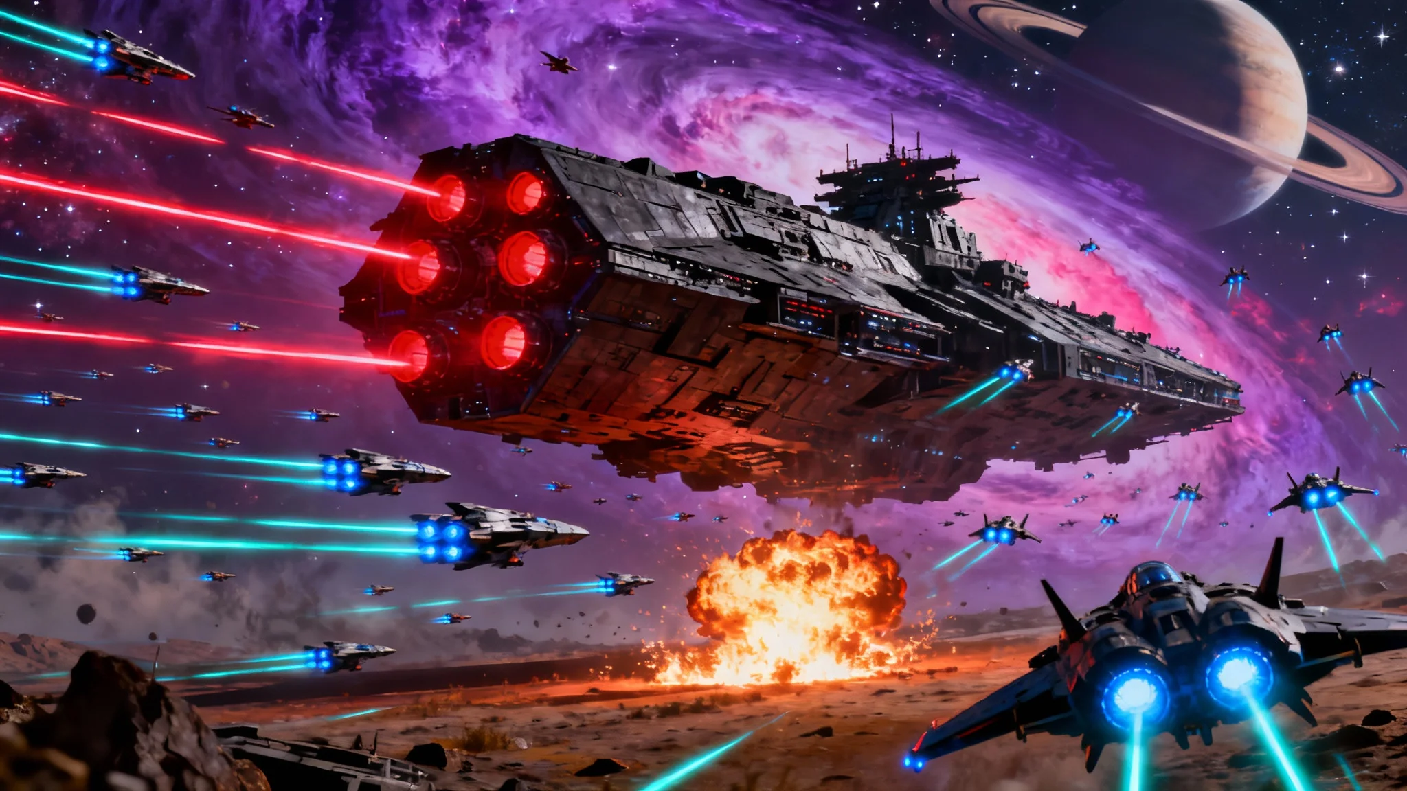An epic intergalactic battle scene depicting massive spaceships firing red lasers and smaller fighters dodging through the explosions against a colorful nebula.