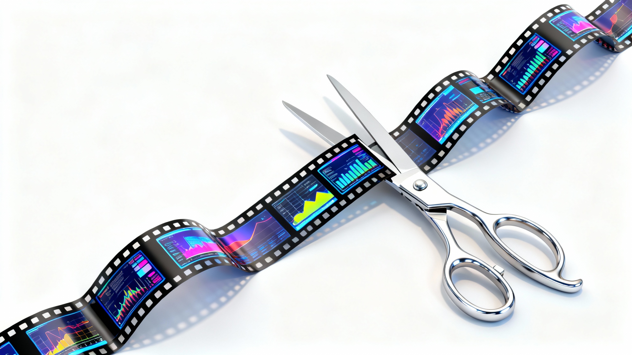 A visual metaphor for cropping a screen recording, showing a pair of scissors cutting a single frame out of a film strip that represents a video.