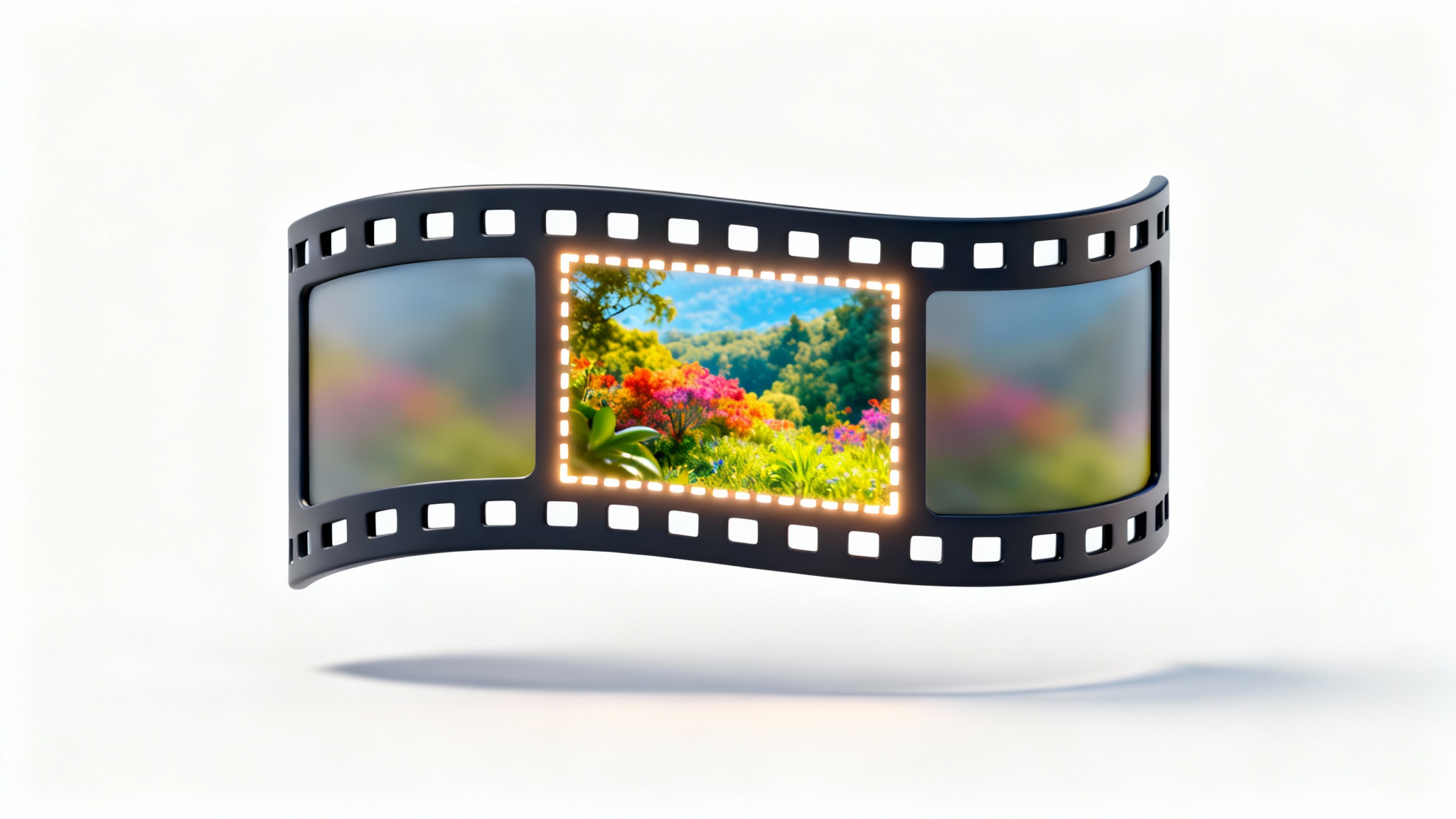 A 3D graphic icon of a film strip with a glowing rectangle in the center frame, symbolizing the action of cropping a screen recording.