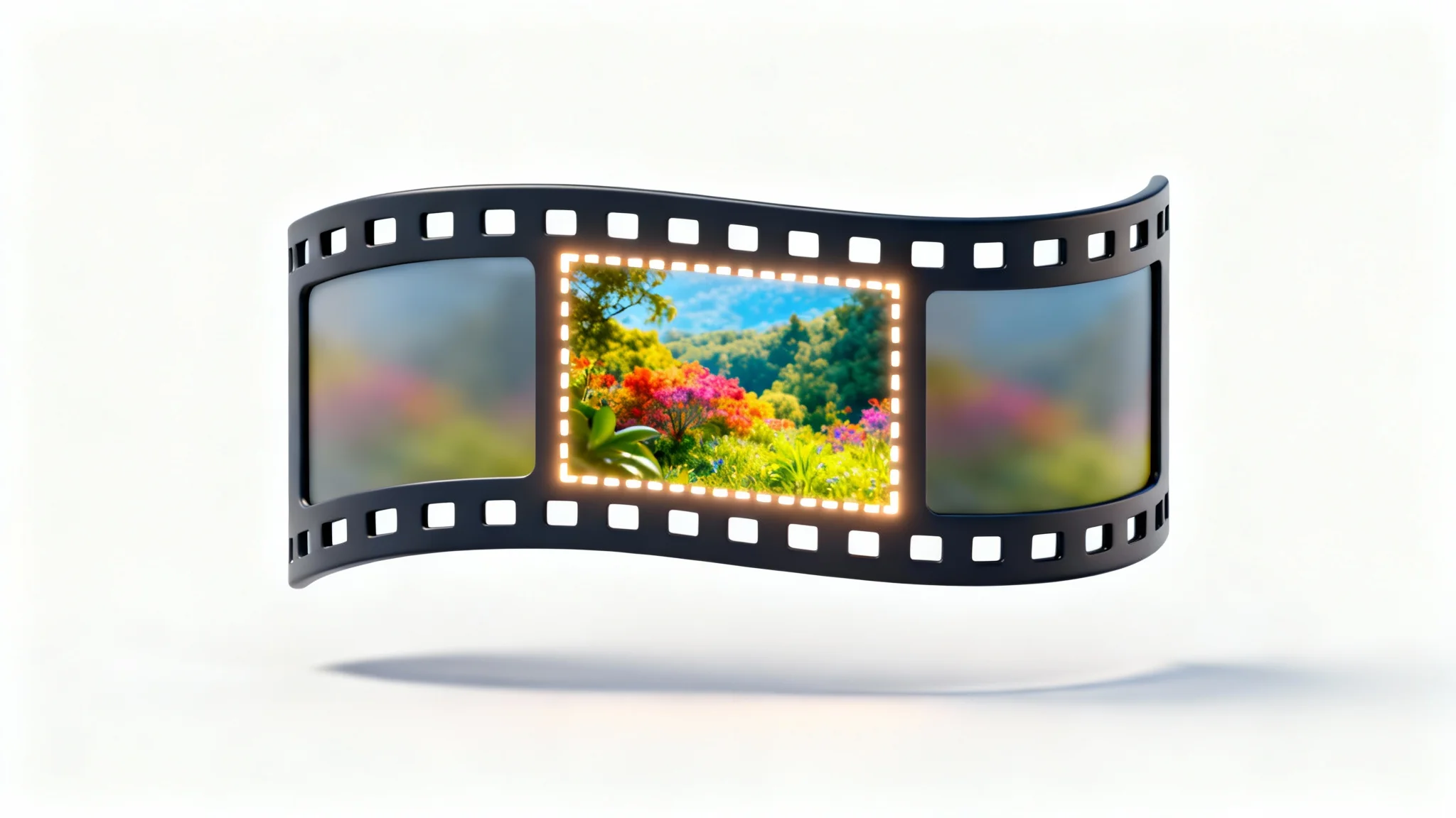 A 3D graphic icon of a film strip with a glowing rectangle in the center frame, symbolizing the action of cropping a screen recording.