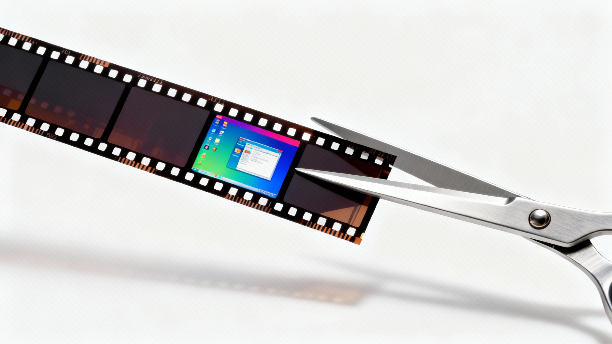 A minimalist and symbolic image showing a pair of sleek scissors precisely cutting a strip of film that displays a desktop screen, representing the action of cropping a screen recording.