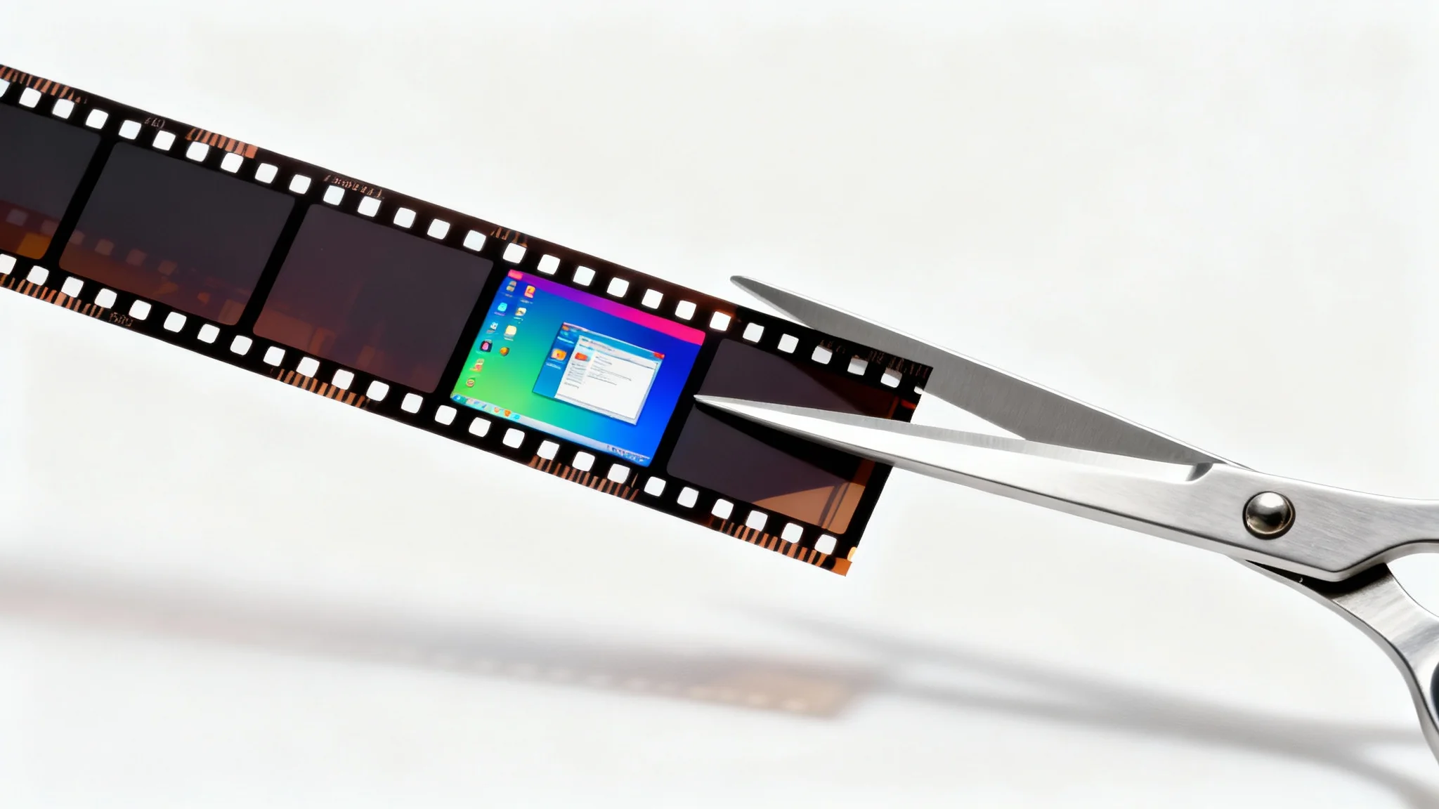 A minimalist and symbolic image showing a pair of sleek scissors precisely cutting a strip of film that displays a desktop screen, representing the action of cropping a screen recording.