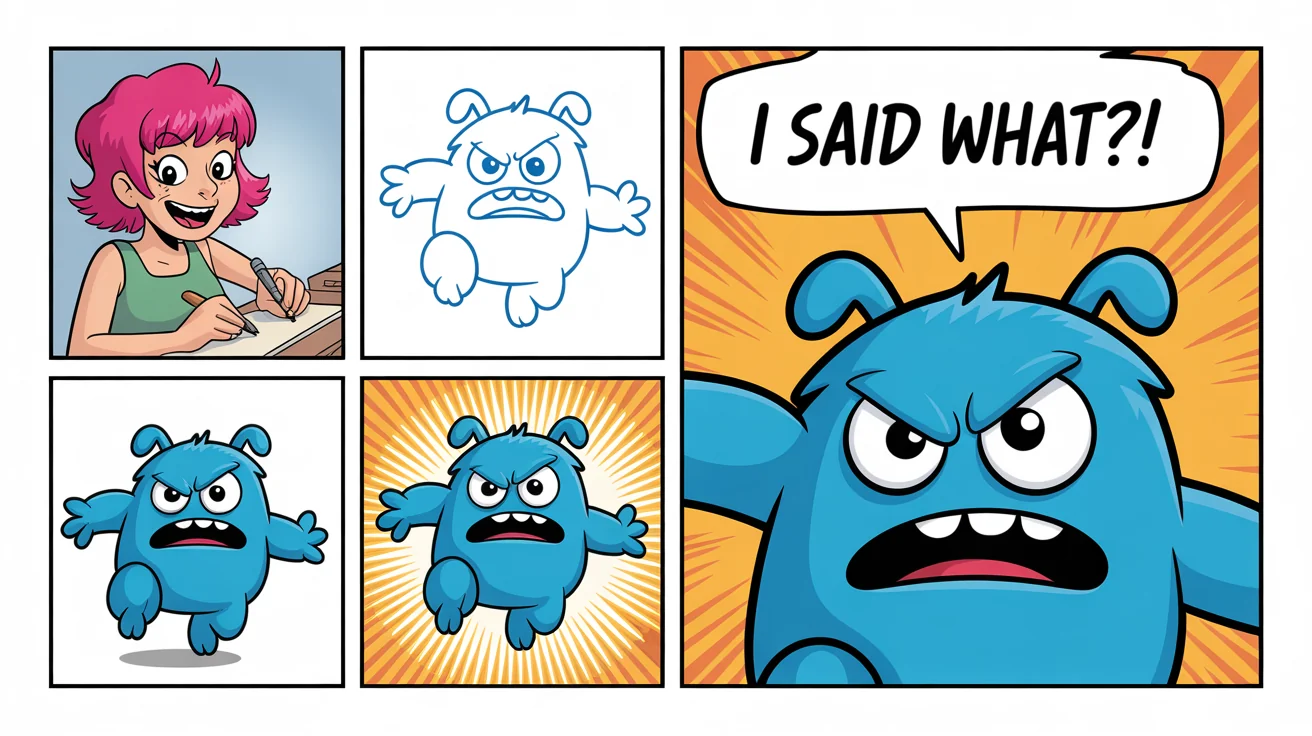 A finished 4-panel comic strip showing a cartoonist creating a character who comes to life and comically disputes the dialogue written for it, demonstrating a comic strip creation tool.