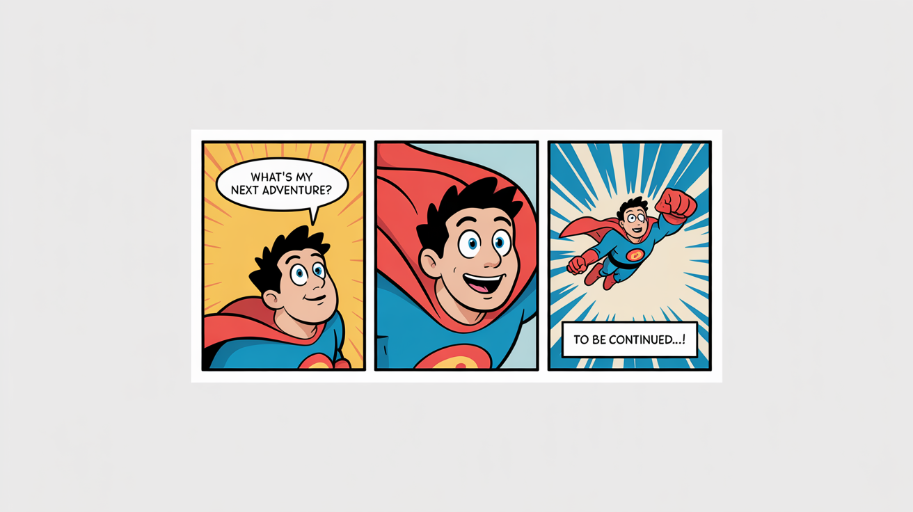 A three-panel comic strip mockup featuring a cartoon superhero. The hero first wonders about their next adventure, then gets an idea, and finally flies off with a 'To Be Continued...!' caption.