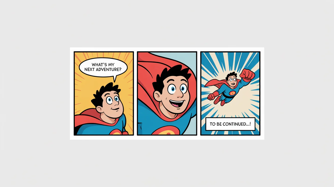 A three-panel comic strip mockup featuring a cartoon superhero. The hero first wonders about their next adventure, then gets an idea, and finally flies off with a 'To Be Continued...!' caption.