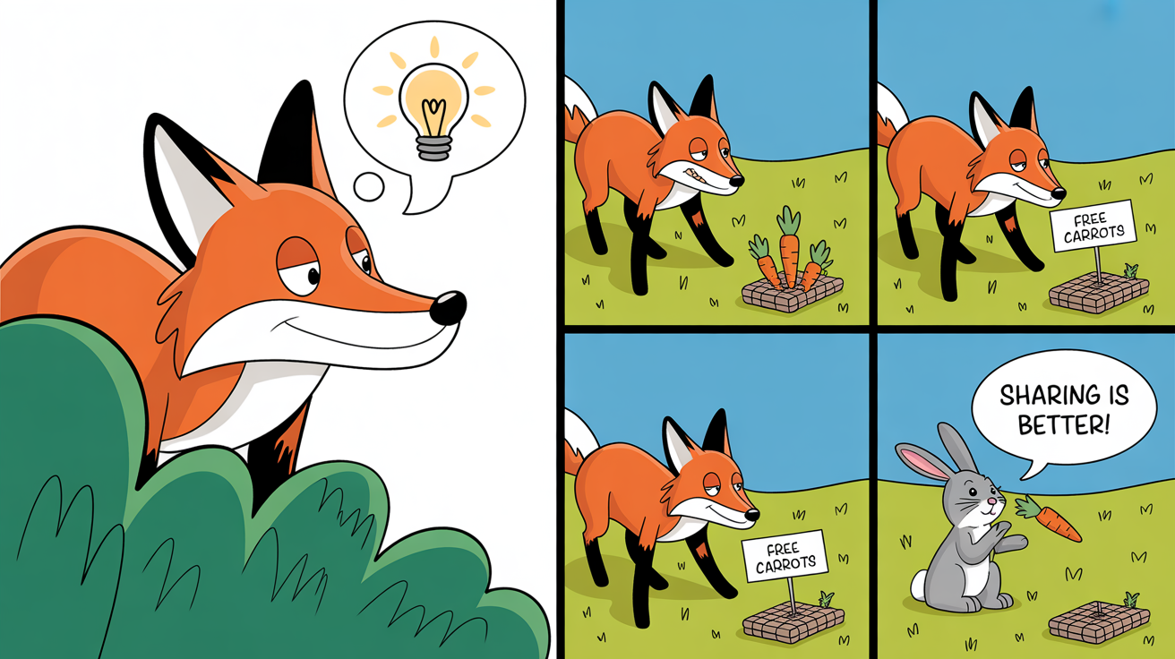 A 4-panel comic strip mockup in a modern cartoon style. It tells a wholesome story of a fox trying to trap a rabbit for carrots, but the rabbit instead offers to share, and they end up eating together.