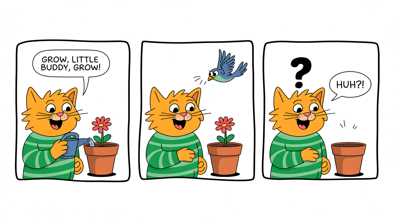 A three-panel comic strip mockup showing a funny story. In the first panel, a cartoon cat waters a plant. In the second, a bird swoops in. In the third, the plant is gone and the cat looks shocked.