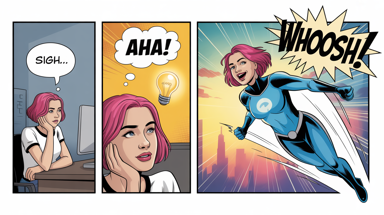 A three-panel comic strip mockup showing a character's transformation from bored to superhero. The first panel shows a bored woman, the second an 'aha' moment, and the third shows her as a superhero flying through a city.