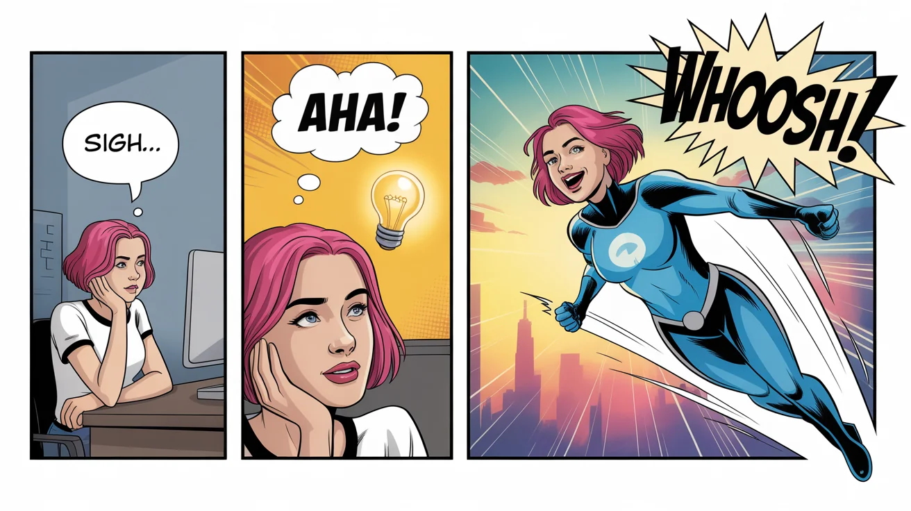 A three-panel comic strip mockup showing a character's transformation from bored to superhero. The first panel shows a bored woman, the second an 'aha' moment, and the third shows her as a superhero flying through a city.