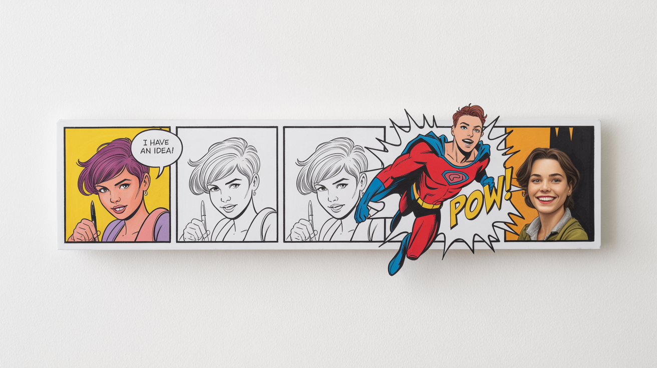 A three-panel comic strip mockup against a white background. The first panel shows a woman with an idea, the second shows her drawing, and the third reveals a finished superhero illustration with the sound effect 'POW!'.