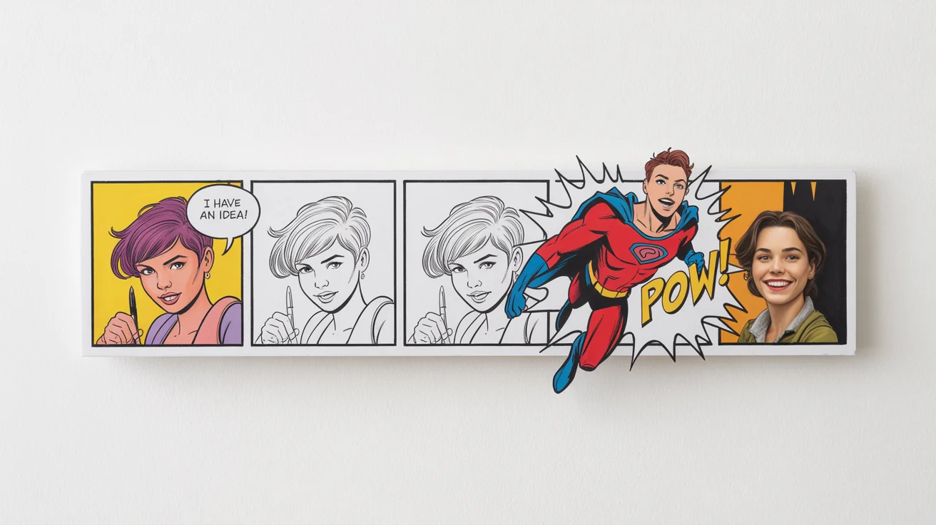 A three-panel comic strip mockup against a white background. The first panel shows a woman with an idea, the second shows her drawing, and the third reveals a finished superhero illustration with the sound effect 'POW!'.