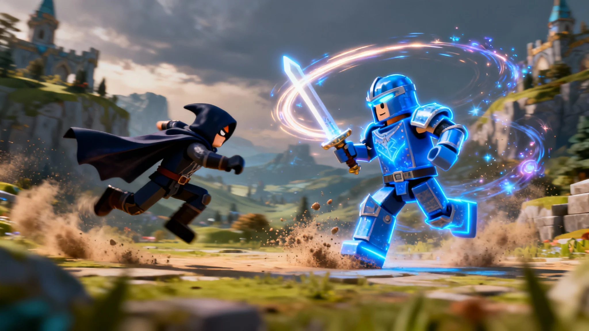 A cinematic action scene from a Roblox animation, showing two characters battling with glowing effects and dynamic poses, demonstrating a high-quality final result.