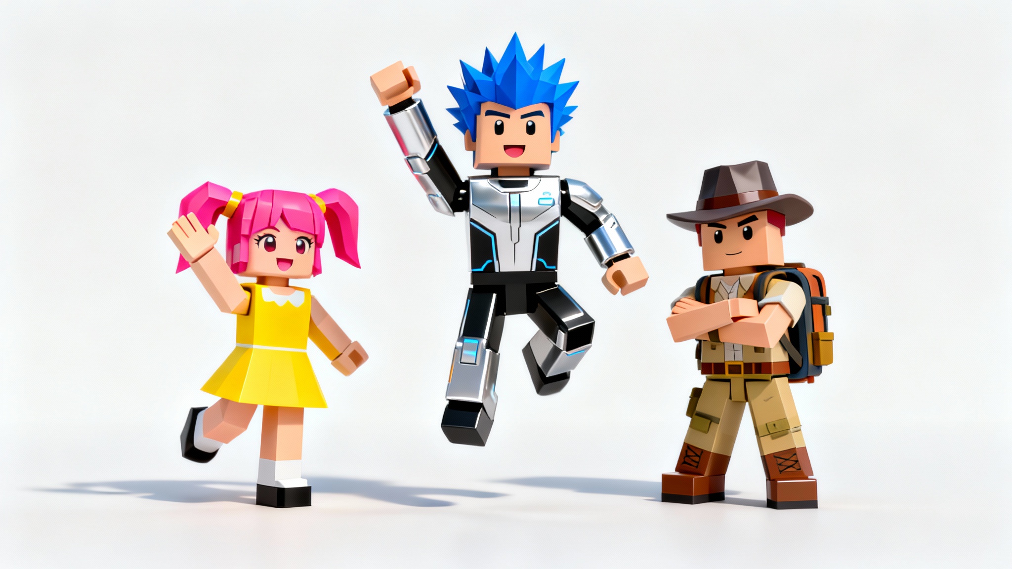 Three 3D-rendered Roblox-style characters in dynamic, animated poses on a white background, representing a Roblox animation.