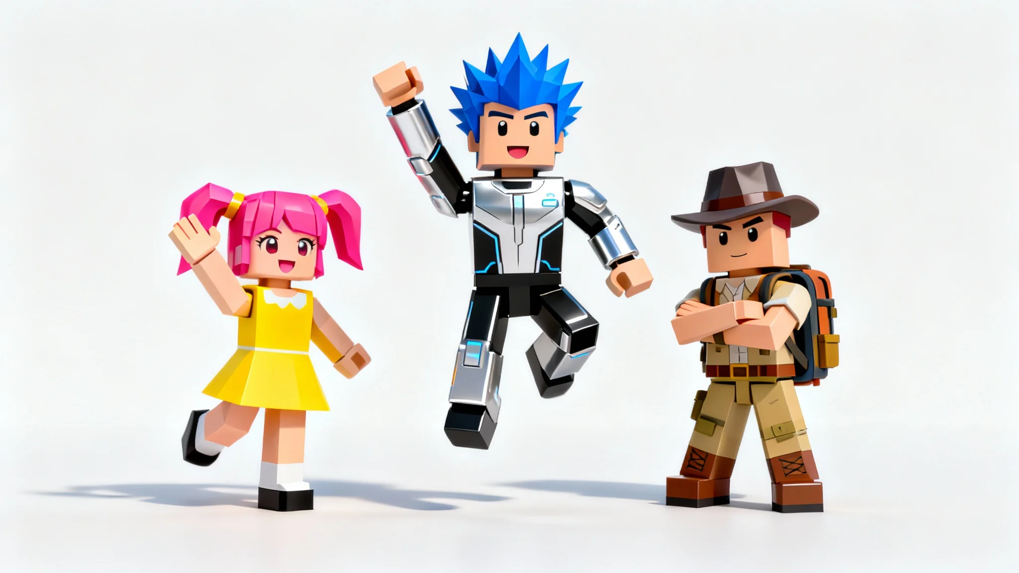 Three 3D-rendered Roblox-style characters in dynamic, animated poses on a white background, representing a Roblox animation.