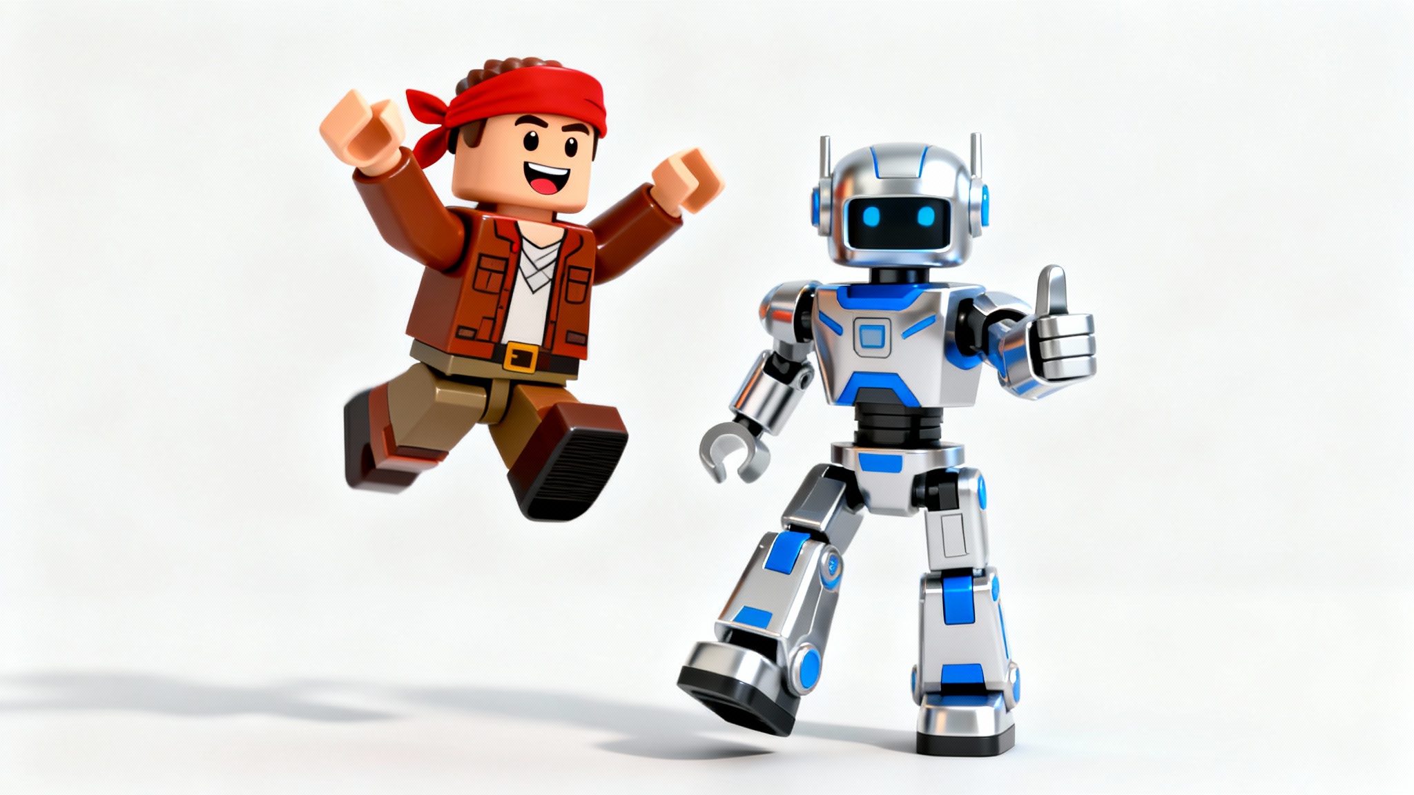 A 3D render of a Roblox animation mockup, showing two blocky characters,  an adventurer and a robot,  frozen in a dynamic, joyful pose against a plain white background.
