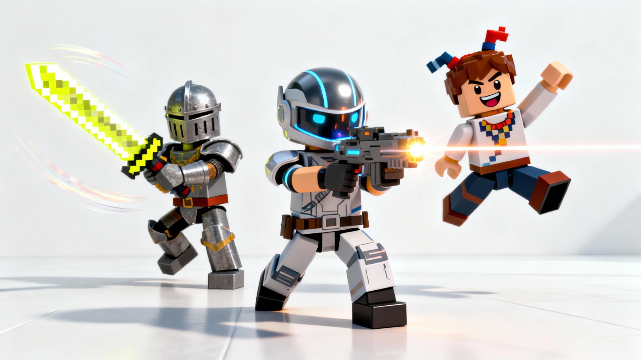 Three blocky, Roblox-style 3D characters frozen in a dynamic action scene against a white background, representing a Roblox animation.