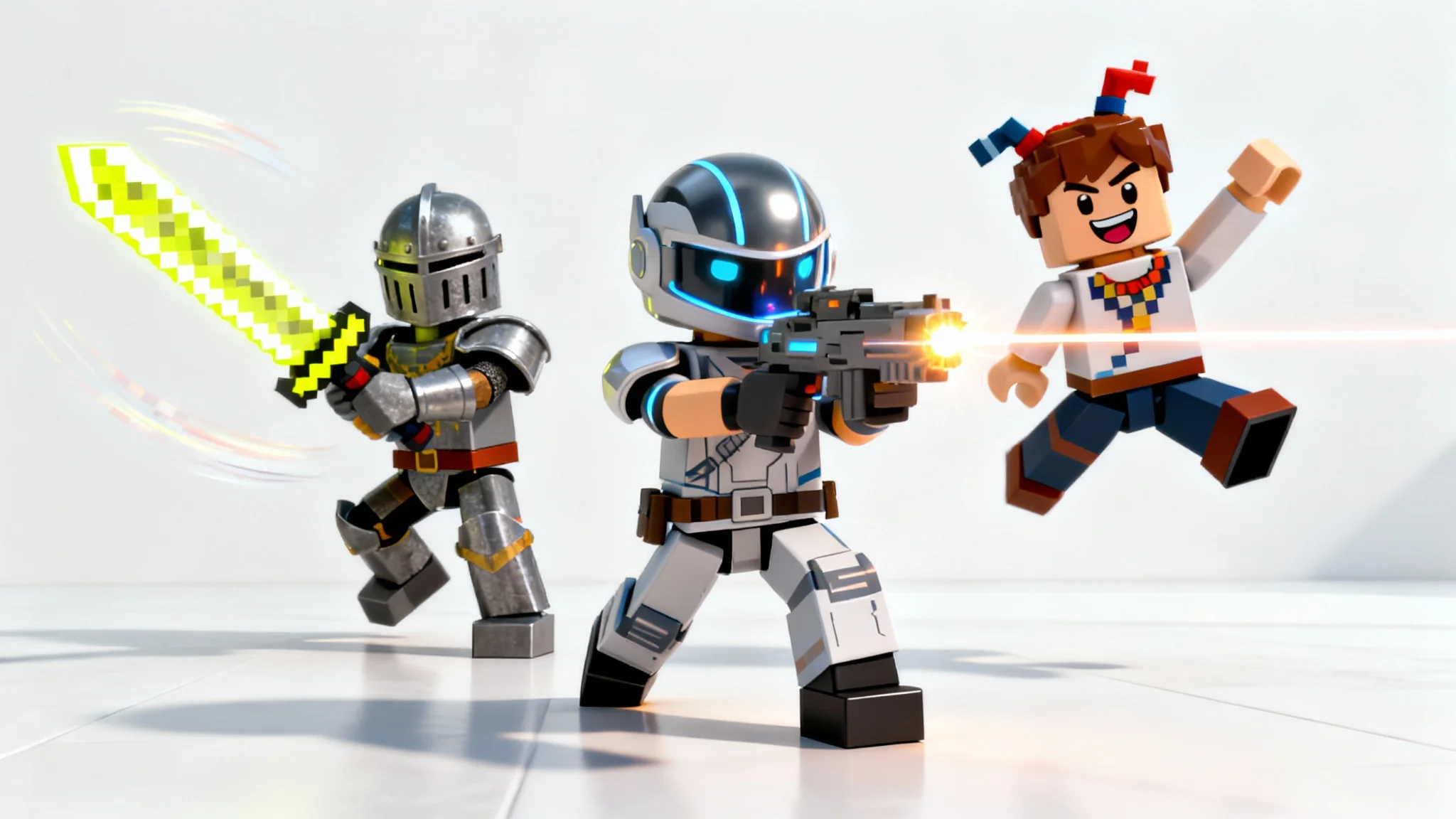 Three blocky, Roblox-style 3D characters frozen in a dynamic action scene against a white background, representing a Roblox animation.