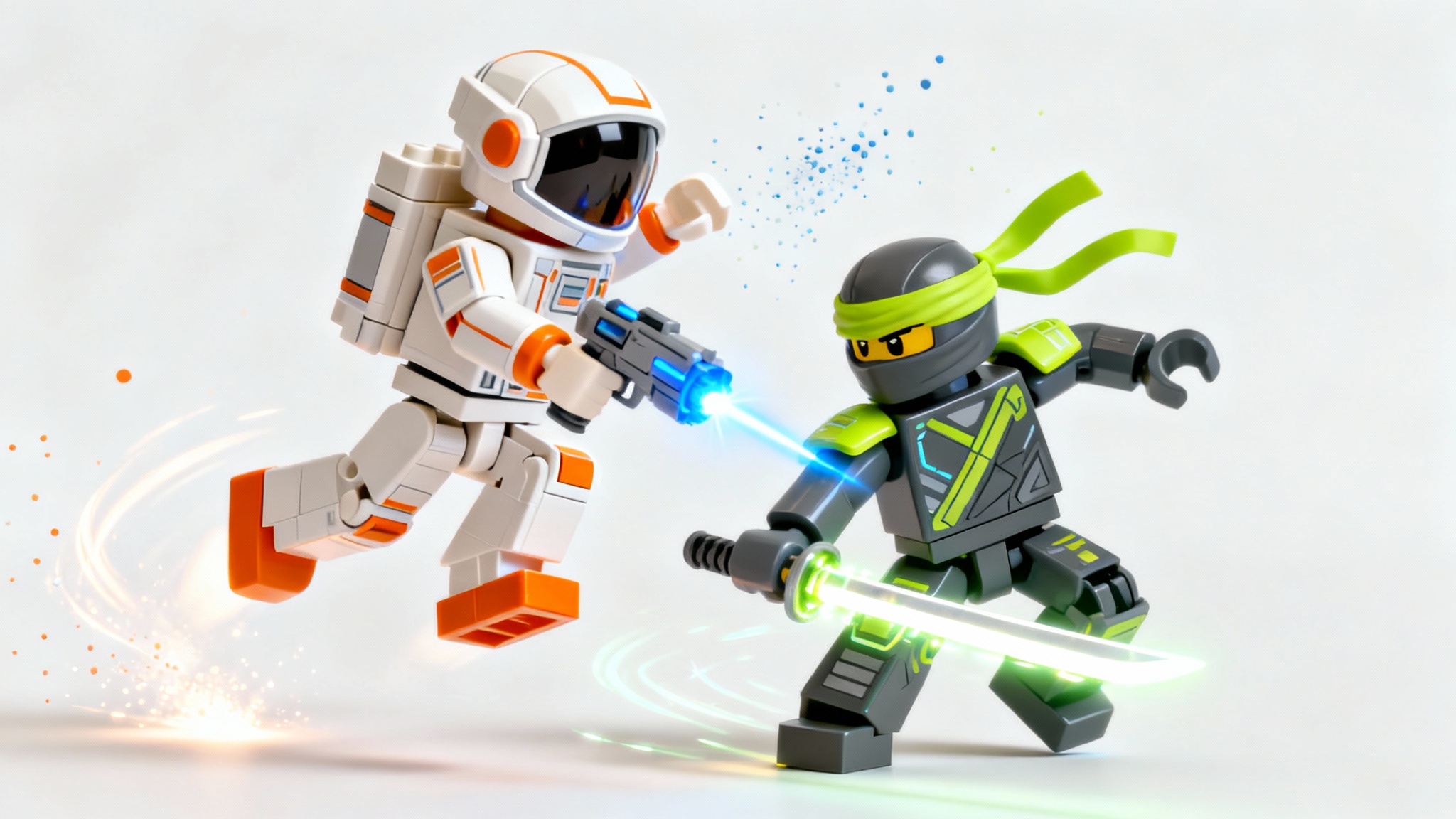A dynamic 3D render of two Roblox-style characters, a space explorer and a cyber-ninja, in an action-packed fight scene against a solid white background, illustrating a Roblox animation.