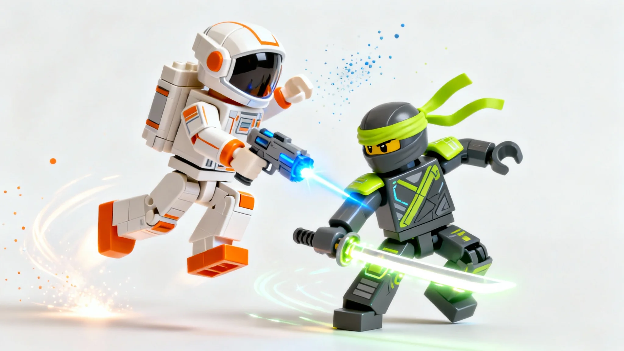 A dynamic 3D render of two Roblox-style characters, a space explorer and a cyber-ninja, in an action-packed fight scene against a solid white background, illustrating a Roblox animation.