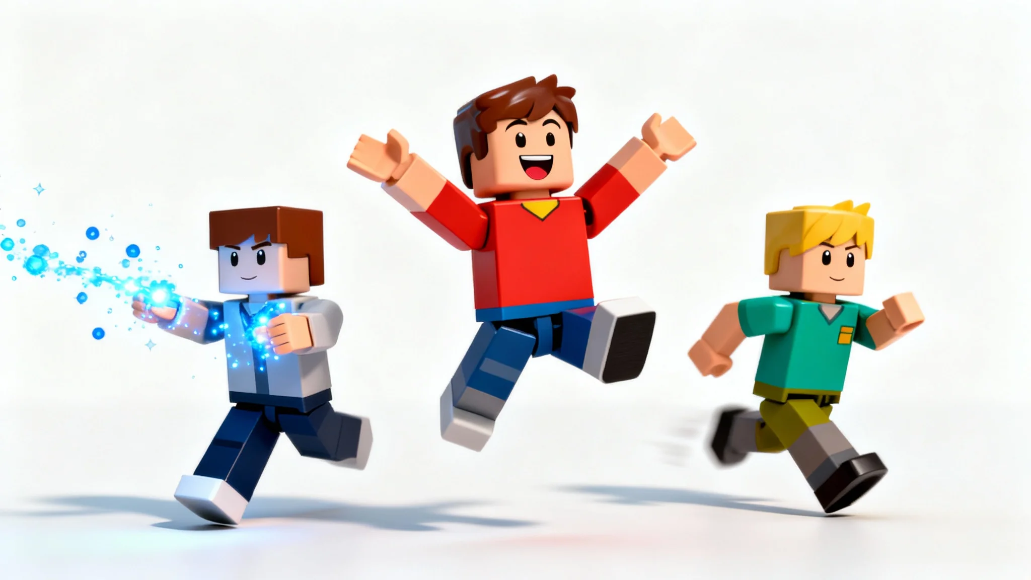 A vibrant 3D animation still of three Roblox-style characters in action against a plain white background. One character is jumping, another is casting a spell, and the third is running, creating a dynamic and energetic scene.