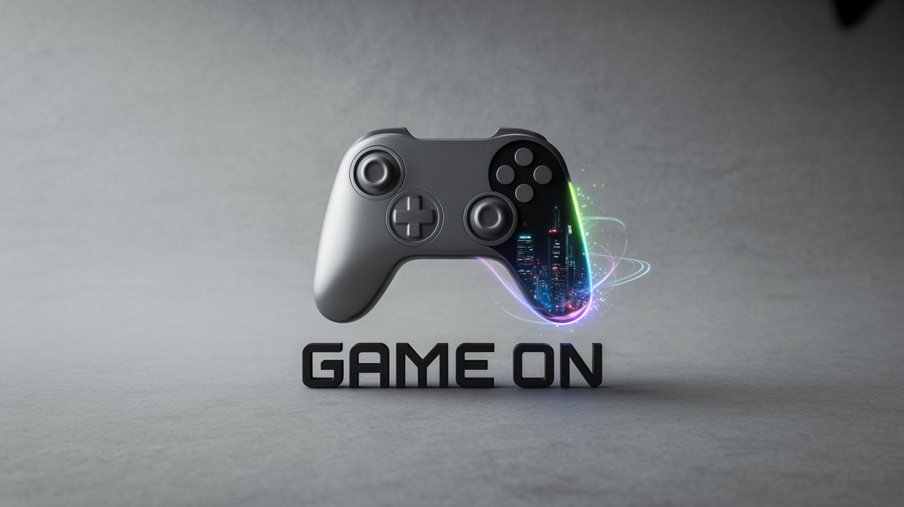 A still frame from a gaming logo animation showing a sleek, glowing controller logo with the text 'GAME ON' below it, set against a futuristic neon cityscape at night.