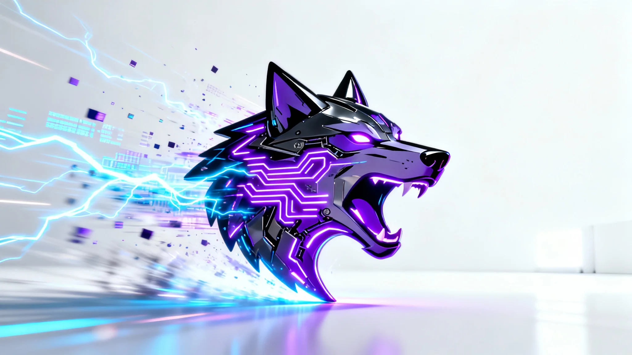 A dynamic gaming logo of a roaring cybernetic wolf, captured mid-animation with glowing purple circuits and swirling blue light trails, set against a clean white background.