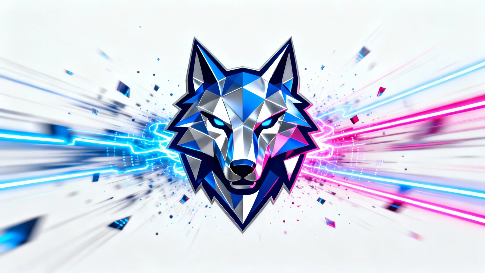 A dynamic 3D rendering of a stylized, geometric wolf head gaming logo, shown mid-animation with streaks of blue and magenta neon light exploding outwards against a white background.