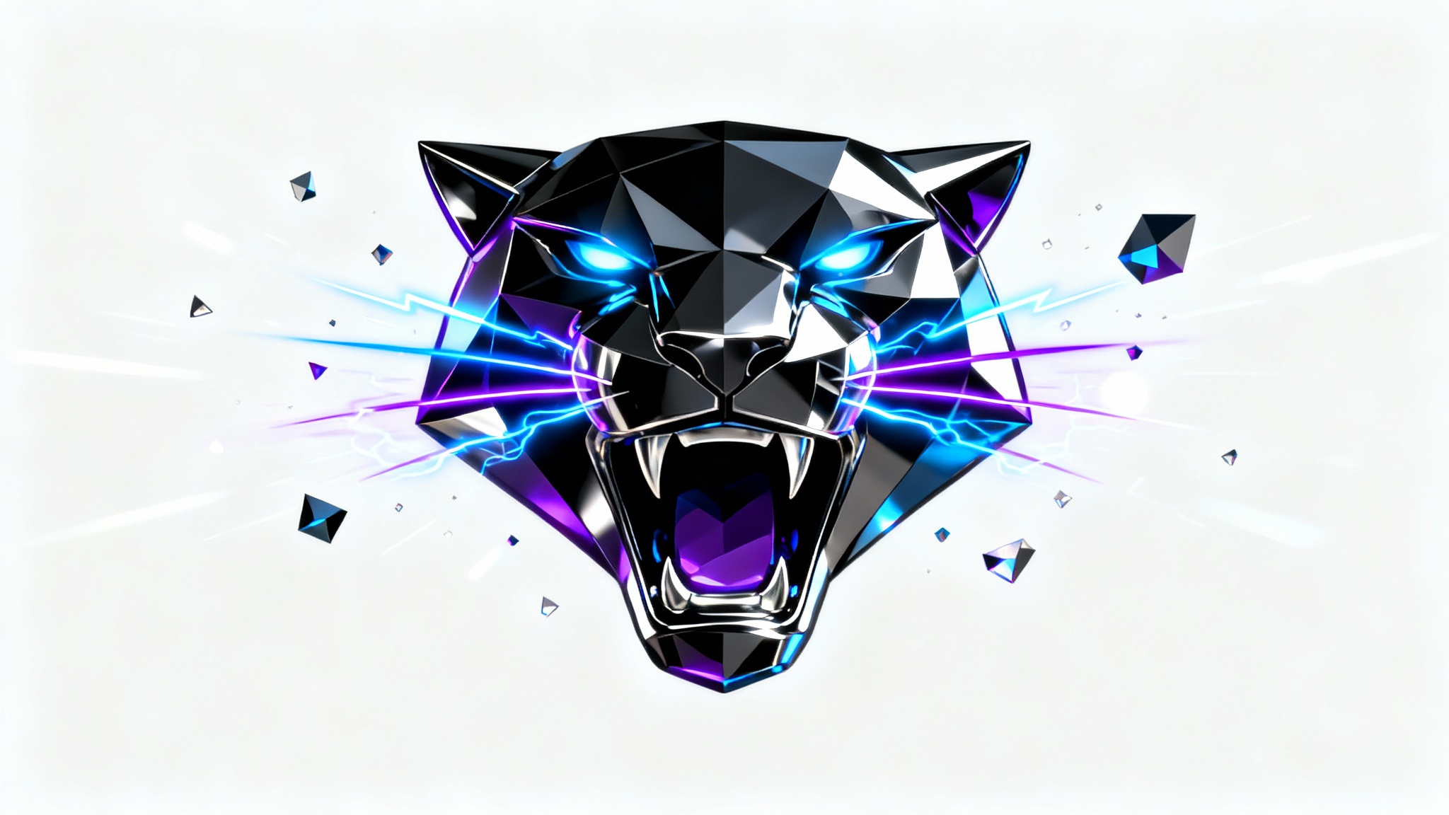 A dynamic animation of a black and chrome panther head gaming logo, with trails of blue and purple light exploding from it against a white background.