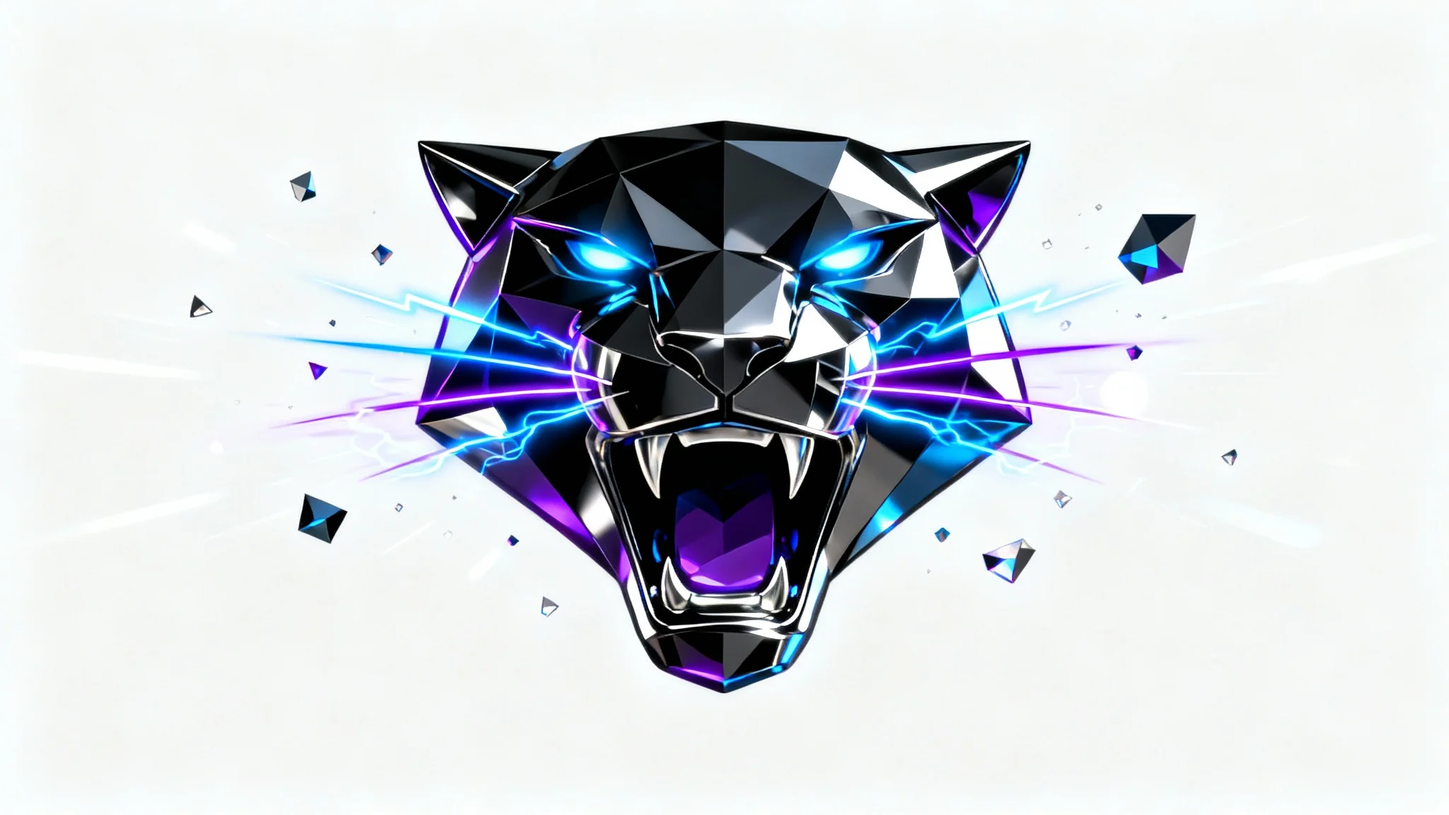 A dynamic animation of a black and chrome panther head gaming logo, with trails of blue and purple light exploding from it against a white background.