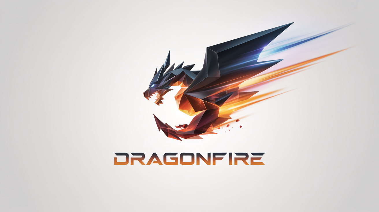 A modern gaming logo of a geometric black dragon captured mid-animation, with streaks of orange and blue light exploding from it. The name 'DRAGONFIRE' is written below. The mockup is on a plain white background, illustrating a gaming logo animation.