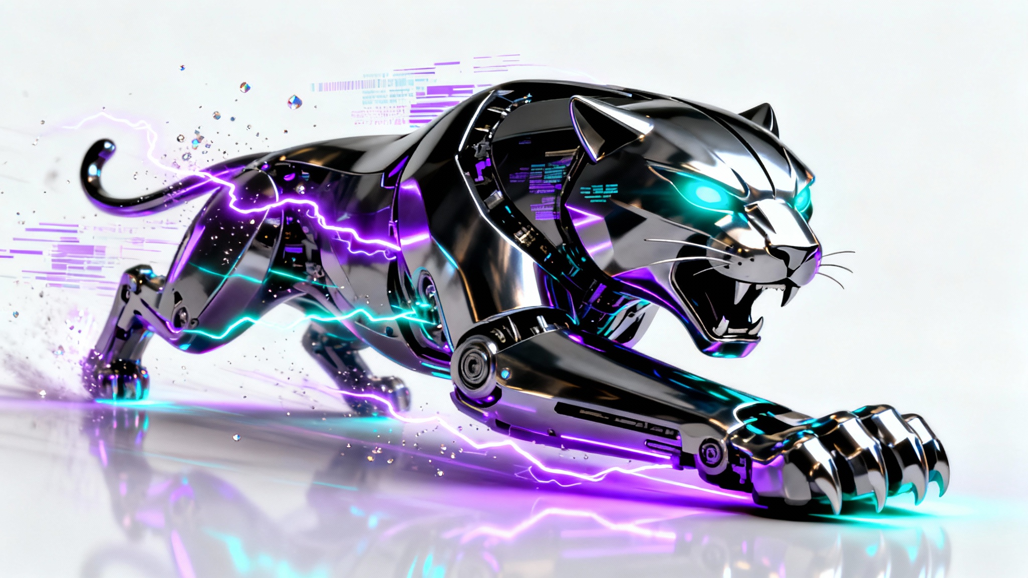 A stylized cybernetic panther gaming logo captured in a dynamic mid-animation pose, with neon purple and cyan light trails exploding behind it on a clean white background.