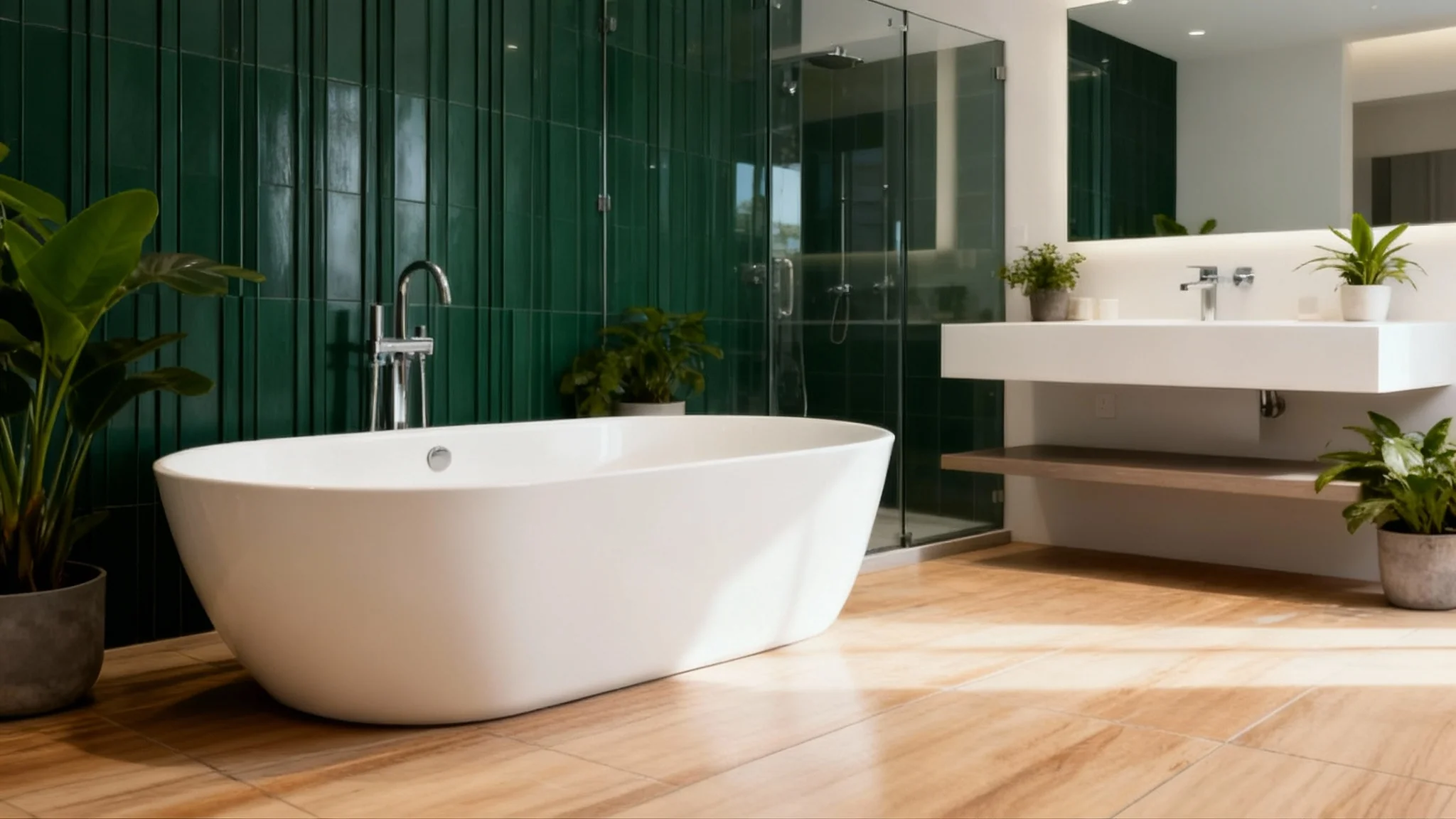 A stunning modern bathroom after a design transformation, featuring warm wood-look porcelain floor tiles and a striking emerald green tiled accent wall behind a white freestanding bathtub.