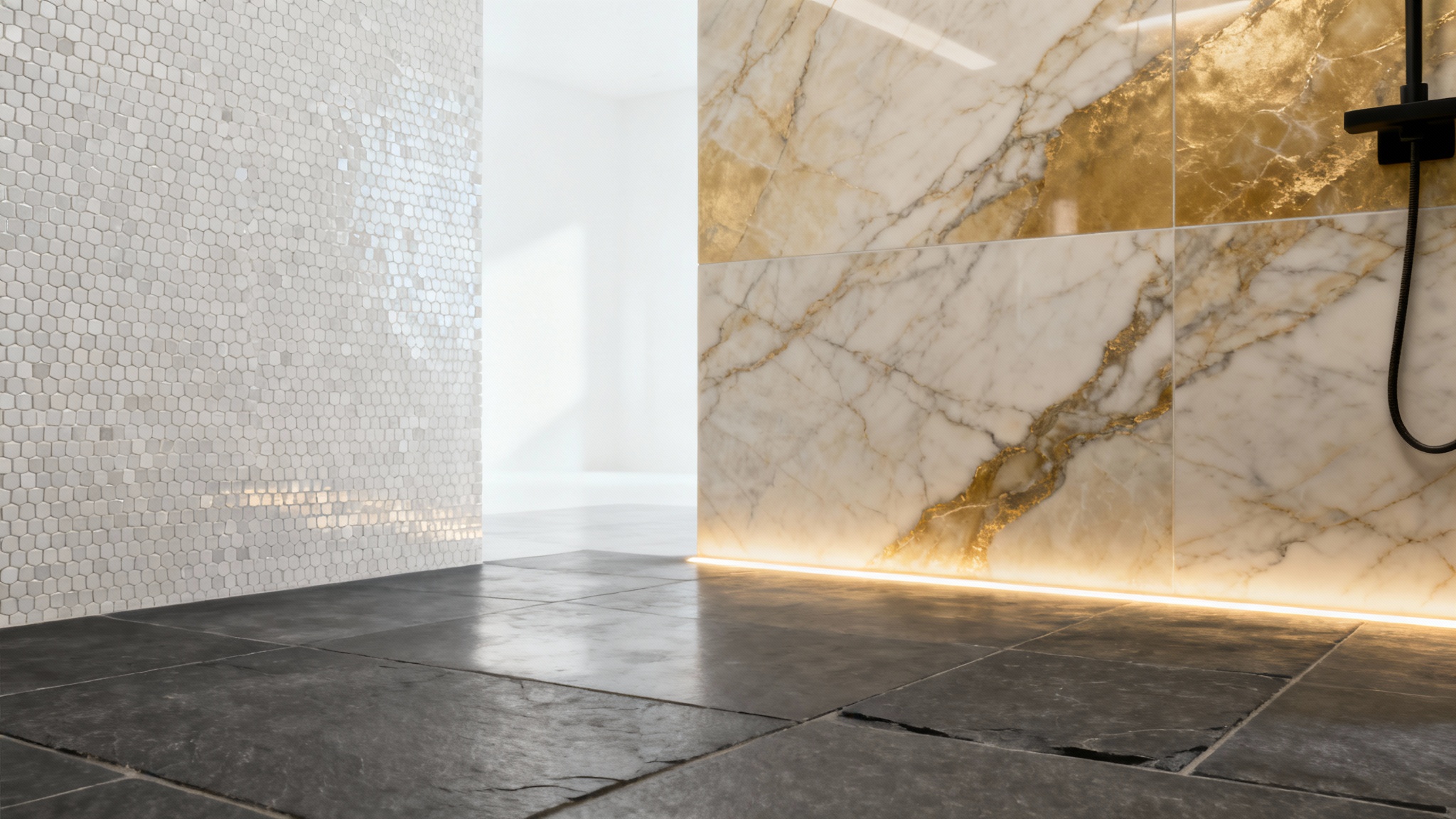 A close-up of a modern bathroom corner demonstrating a tile visualizer, where the wall magically transitions from small white hexagonal tiles on one side to large white and gold marble tiles on the other.