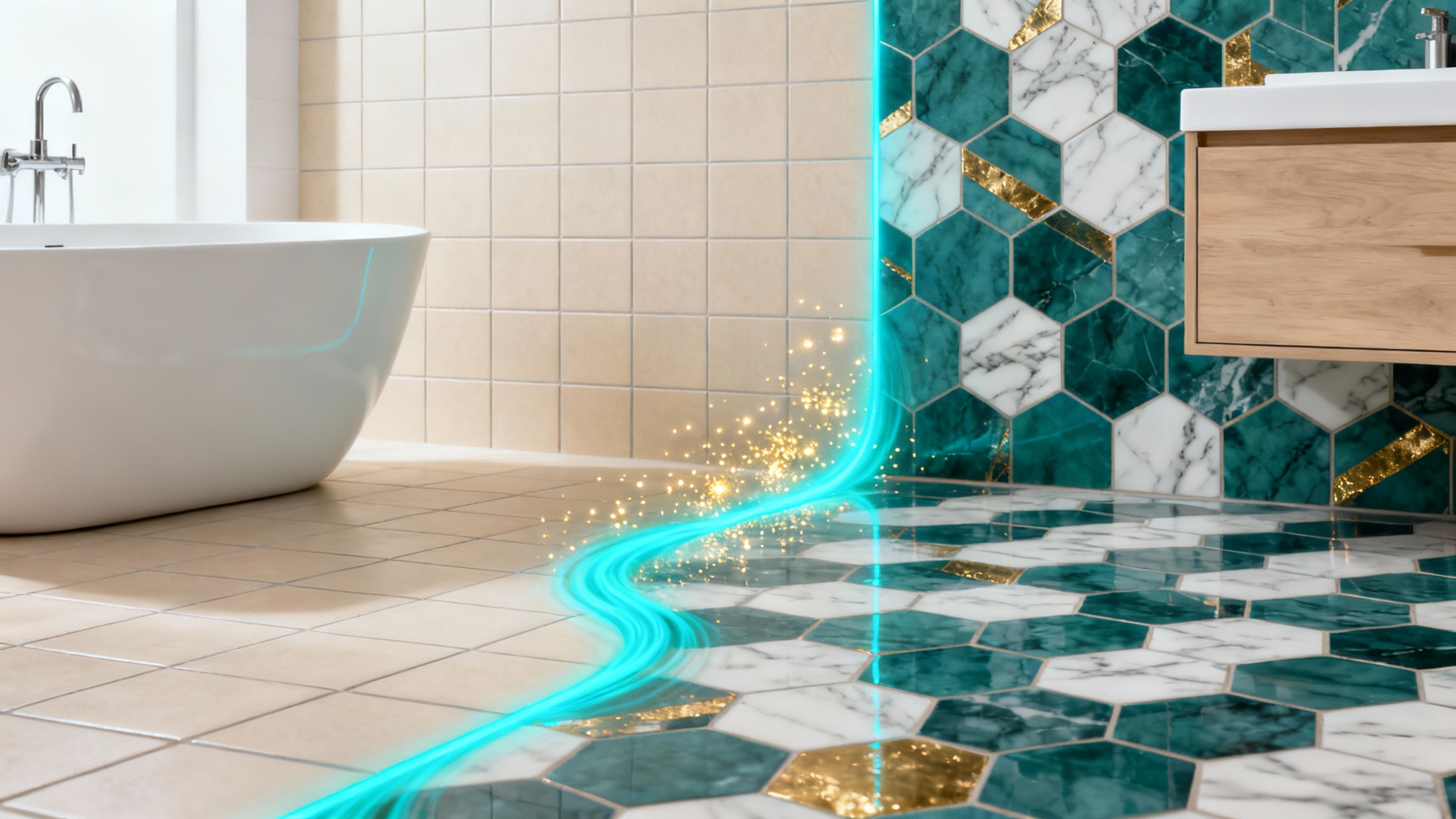 A photorealistic mockup showing a bathroom being transformed, with a glowing line separating old beige tiles from new, modern teal and white hexagonal tiles, illustrating a tile visualizer concept.