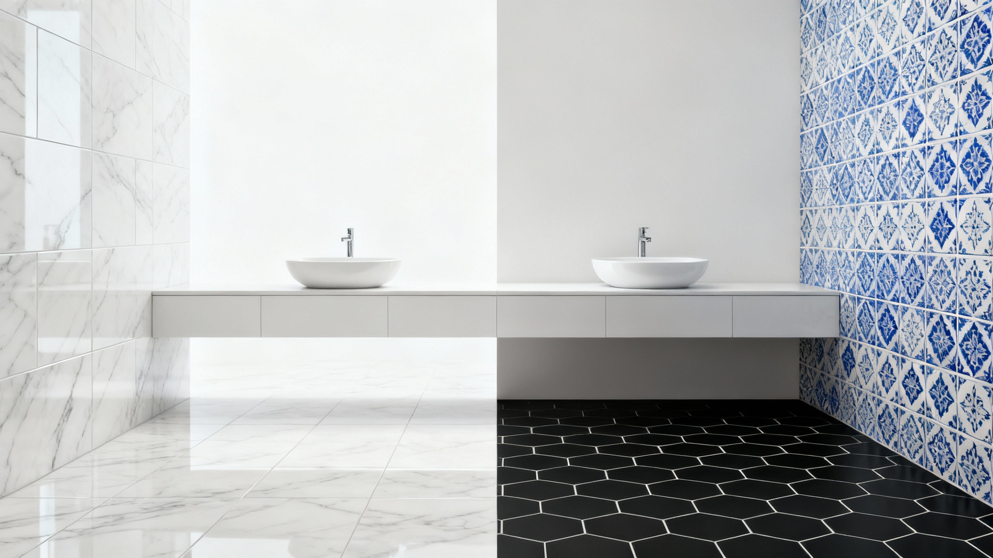 A photorealistic mockup of a modern bathroom split down the middle, illustrating a tile visualizer. The left side features elegant white marble tiles, while the right side displays bold black hexagonal and blue patterned tiles.